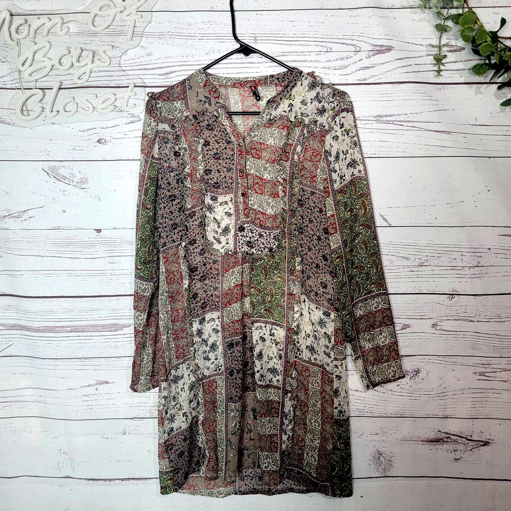 Lee Cooper Multicolor Paisley Floral Patchworkk Print Sheer Boho Dress Medium‎